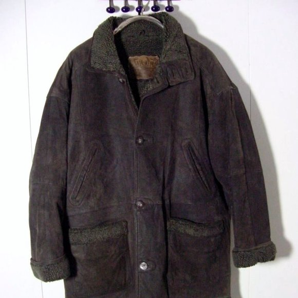 Vtg East West Rugged Leather Button Faux Shearling Ranch Coat Sz XL